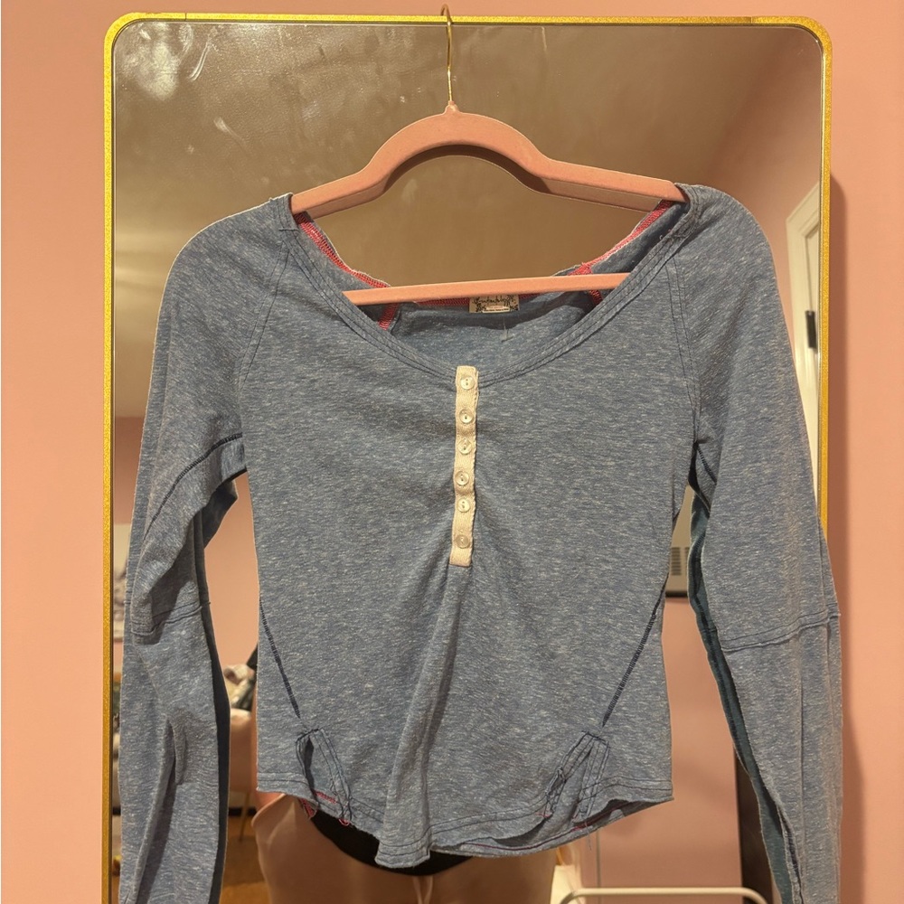 Free People Heather Blue Long Sleeve Henley Top
